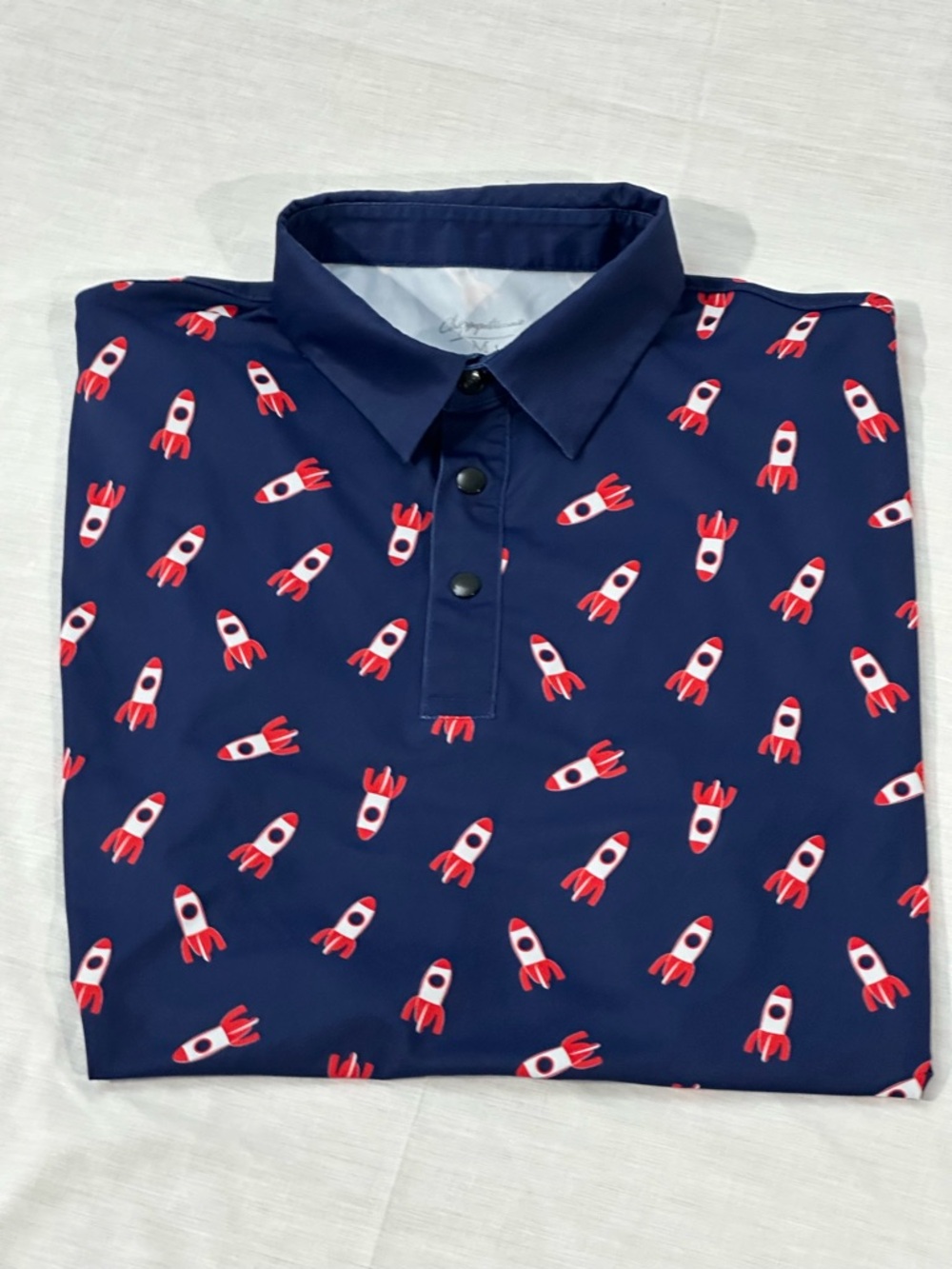 Navy Rocket-Print Polo Shirt with Red Accent